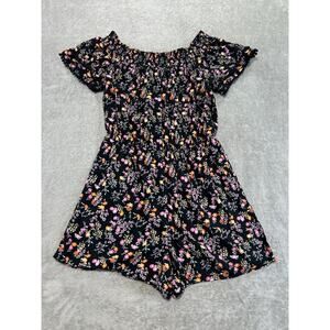 Xhilaration Pom Pom Flutter Sleeve Smocked Floral Boho Romper Womens Medium